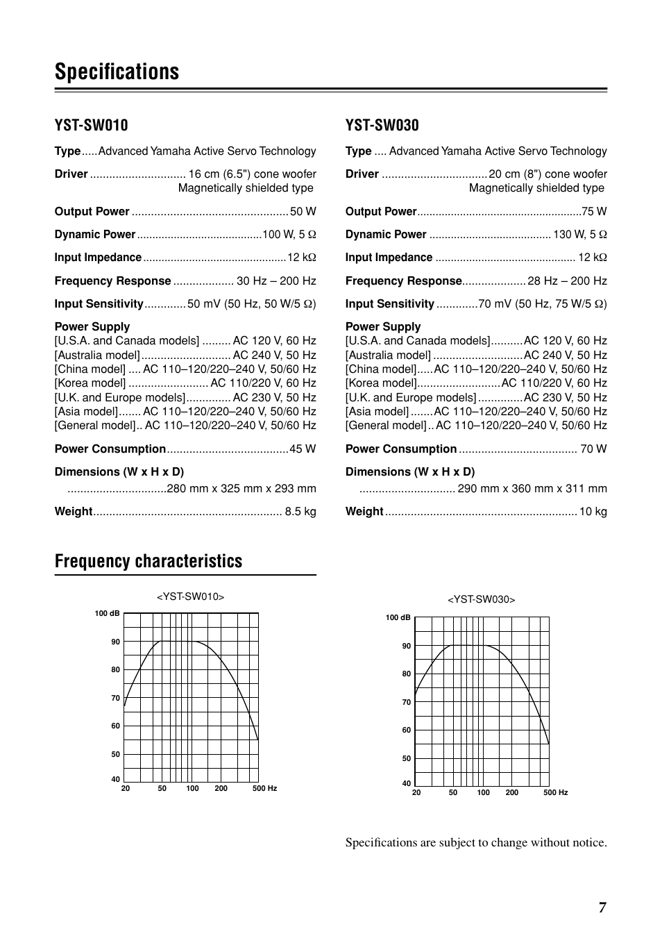 Specifications, Frequency characteristics, Yst-sw010 | Yst-sw030 | Yamaha YST-SW030 User Manual | Page 11 / 12