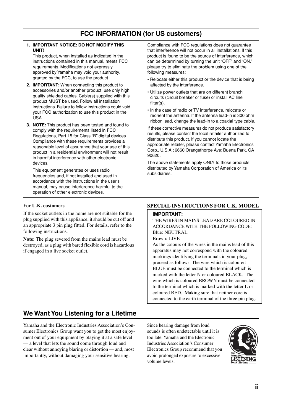 We want you listening for a lifetime, Fcc information (for us customers) | Yamaha YST-SW030 User Manual | Page 3 / 12