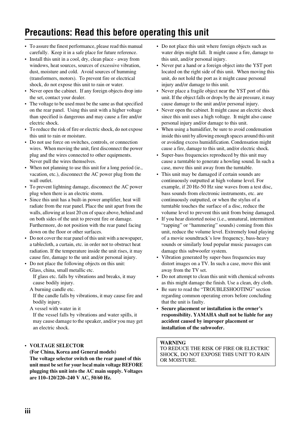 Precautions: read this before operating this unit | Yamaha YST-SW030 User Manual | Page 4 / 12