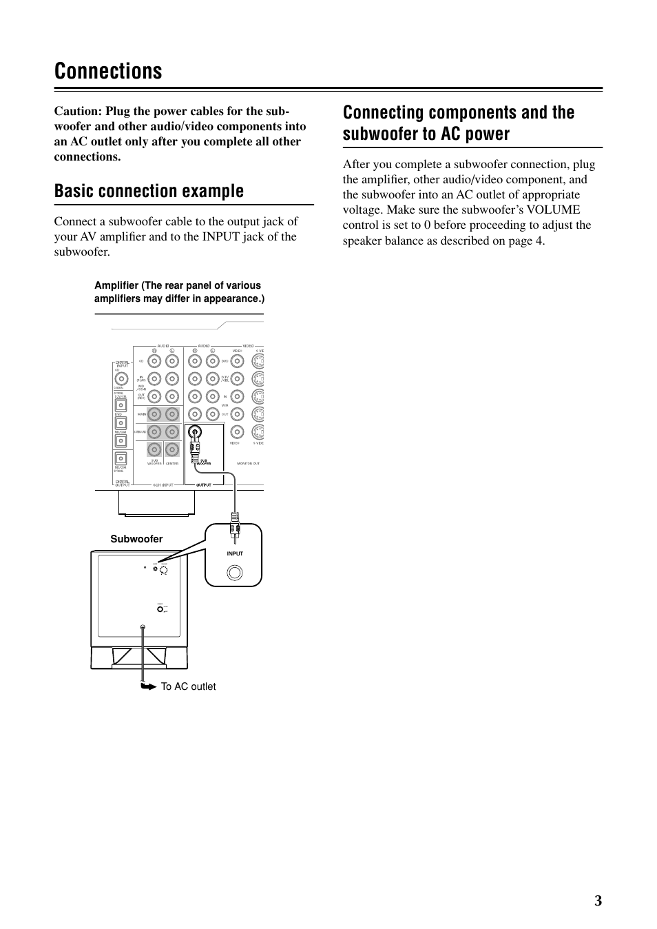 Connections, Basic connection example | Yamaha YST-SW030 User Manual | Page 7 / 12