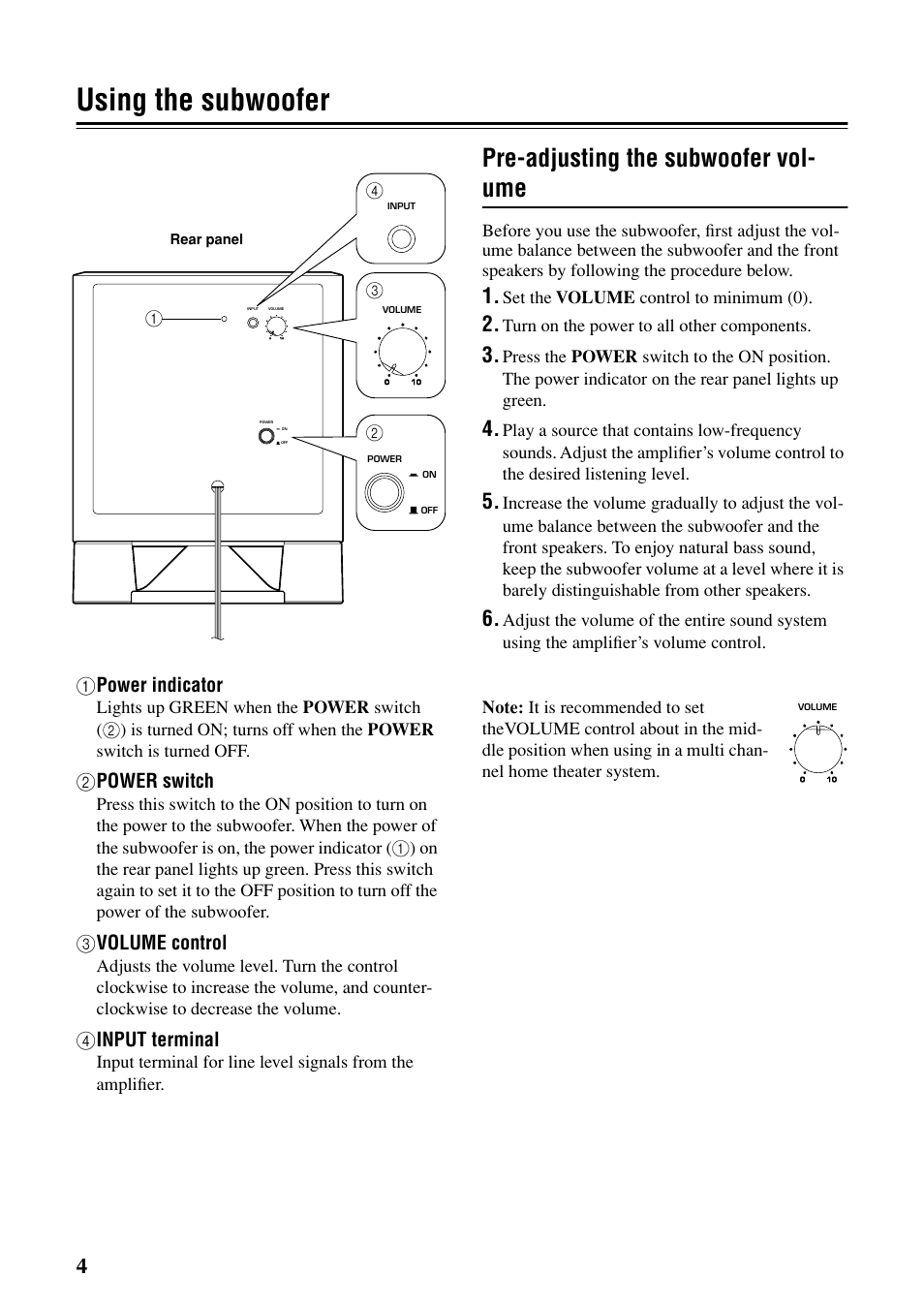 Using the subwoofer, Pre-adjusting the subwoofer volume, Pre-adjusting the subwoofer vol- ume | Yamaha YST-SW030 User Manual | Page 8 / 12