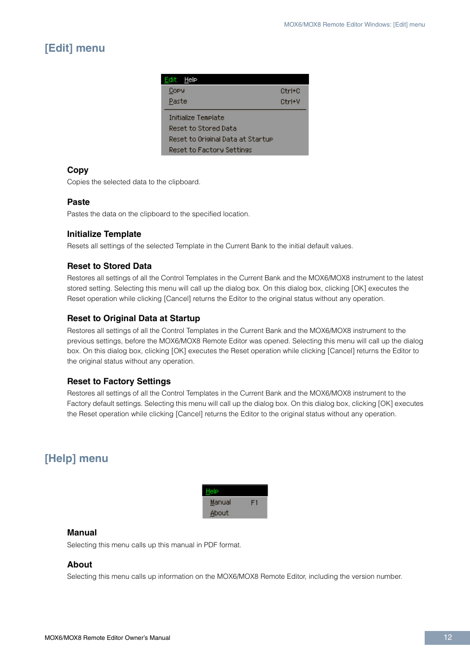 Edit] menu, Help] menu | Yamaha MOX6 User Manual | Page 12 / 14