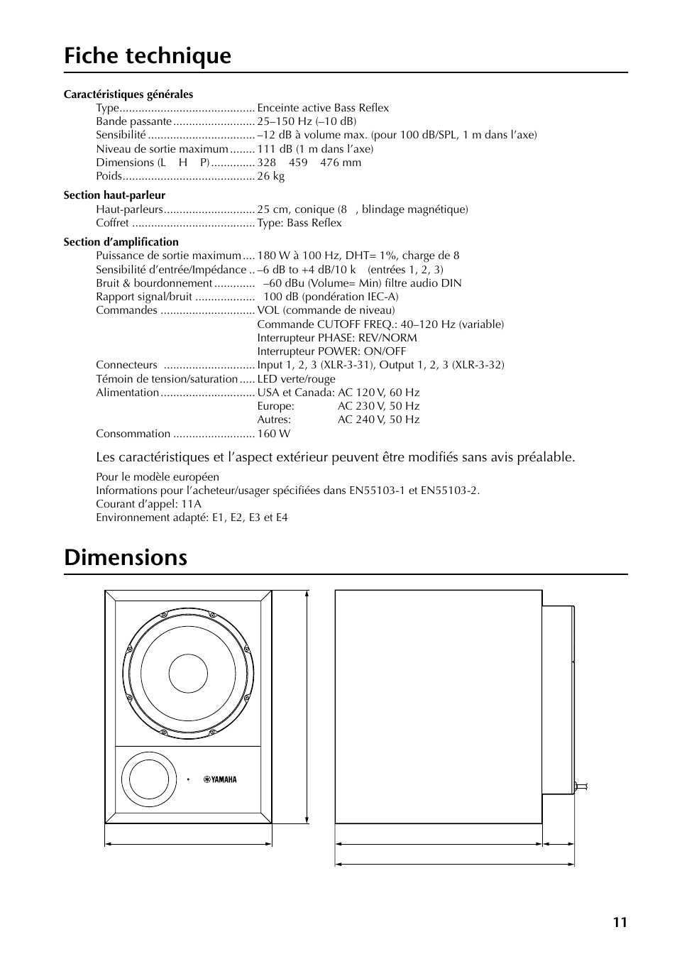 Fiche technique, Dimensions | Yamaha SW10 User Manual | Page 10 / 22