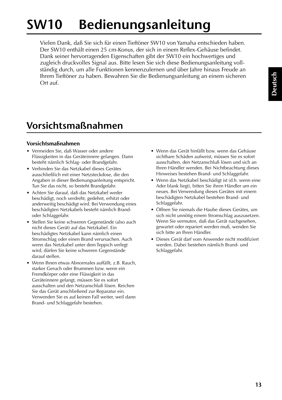 Sw10 bedienungsanleitung, Vorsichtsmaßnahmen | Yamaha SW10 User Manual | Page 12 / 22