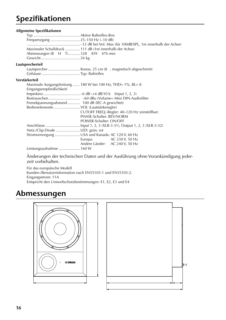 Spezifikationen, Abmessungen | Yamaha SW10 User Manual | Page 15 / 22