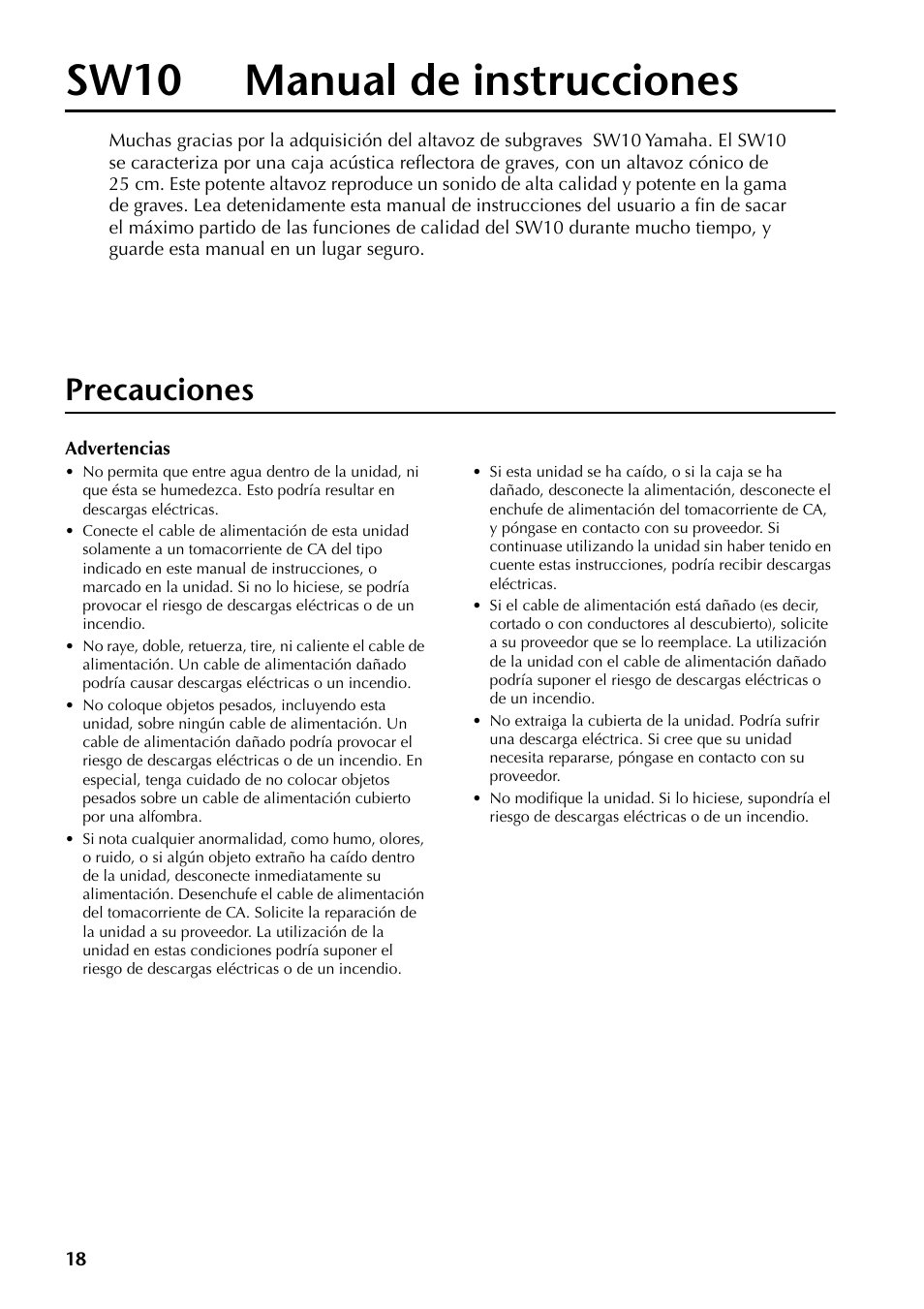 Sw10 manual de instrucciones, Precauciones | Yamaha SW10 User Manual | Page 17 / 22