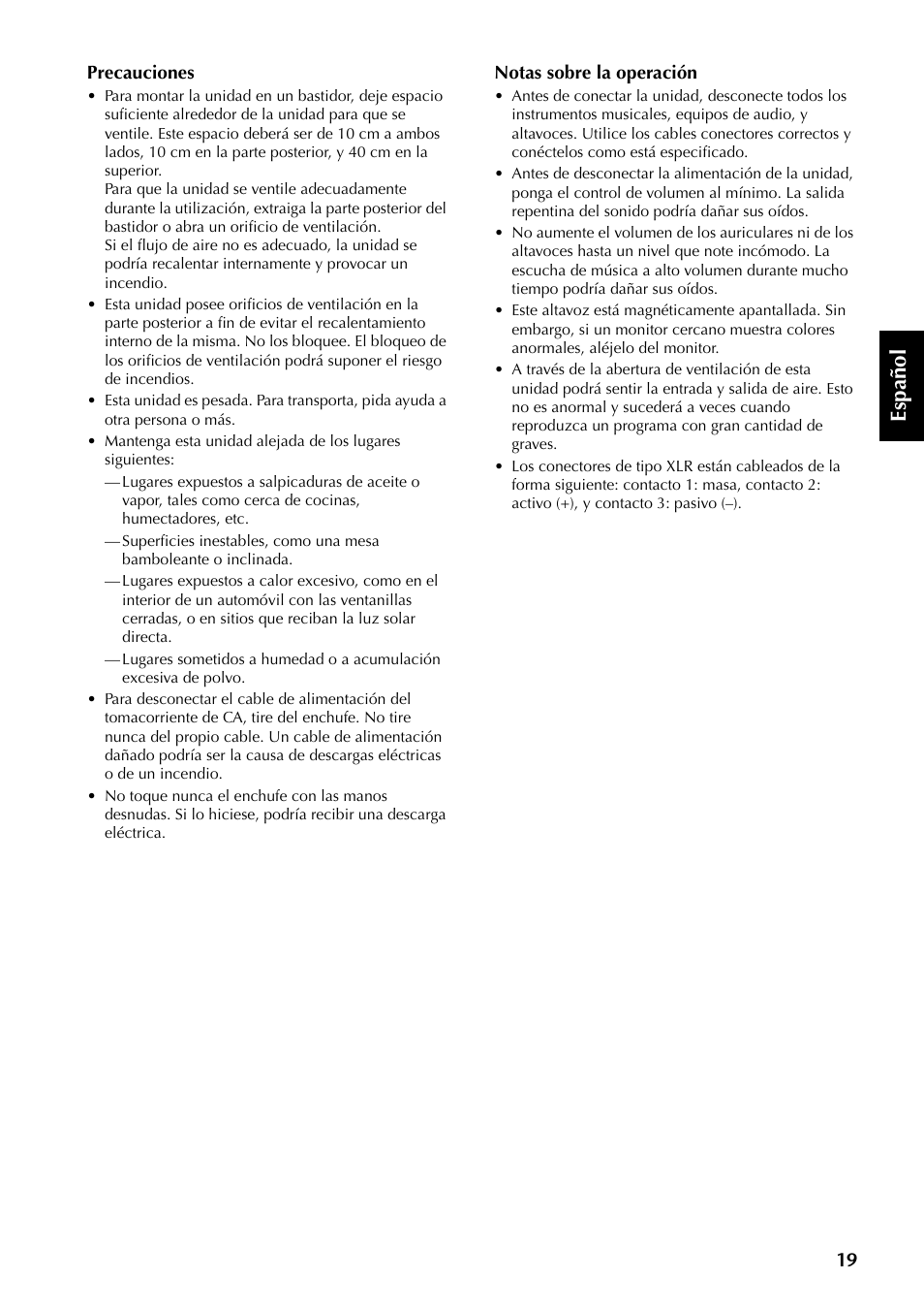 Español | Yamaha SW10 User Manual | Page 18 / 22