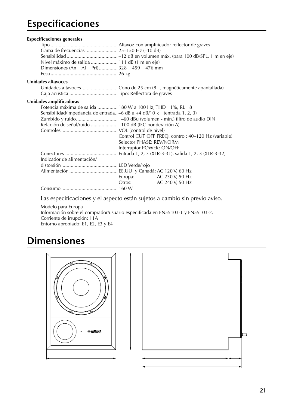 Especificaciones, Dimensiones | Yamaha SW10 User Manual | Page 20 / 22