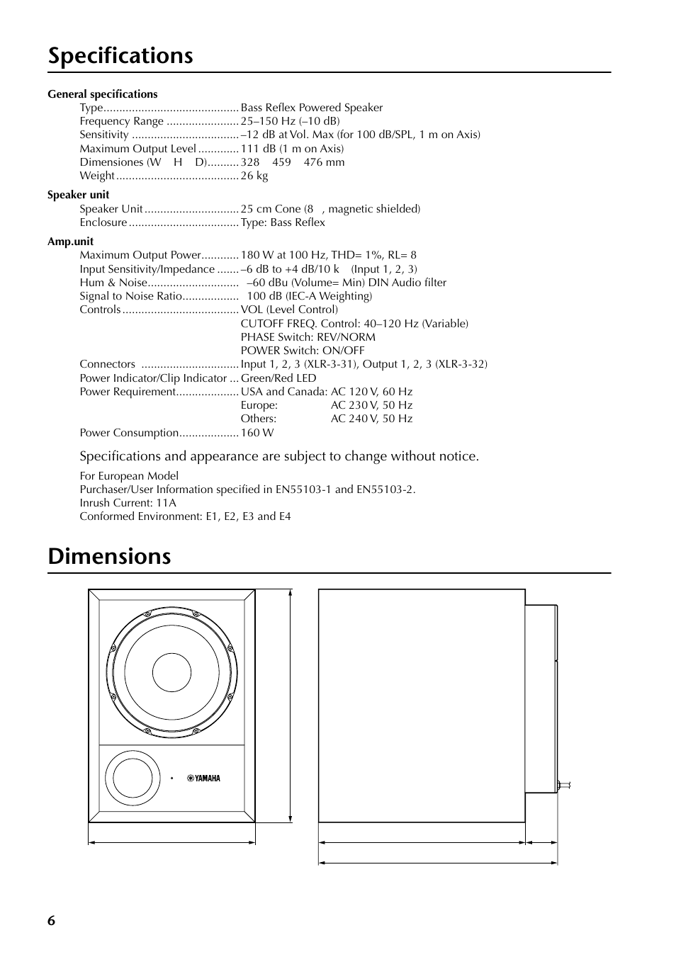 Specifications, Dimensions | Yamaha SW10 User Manual | Page 5 / 22