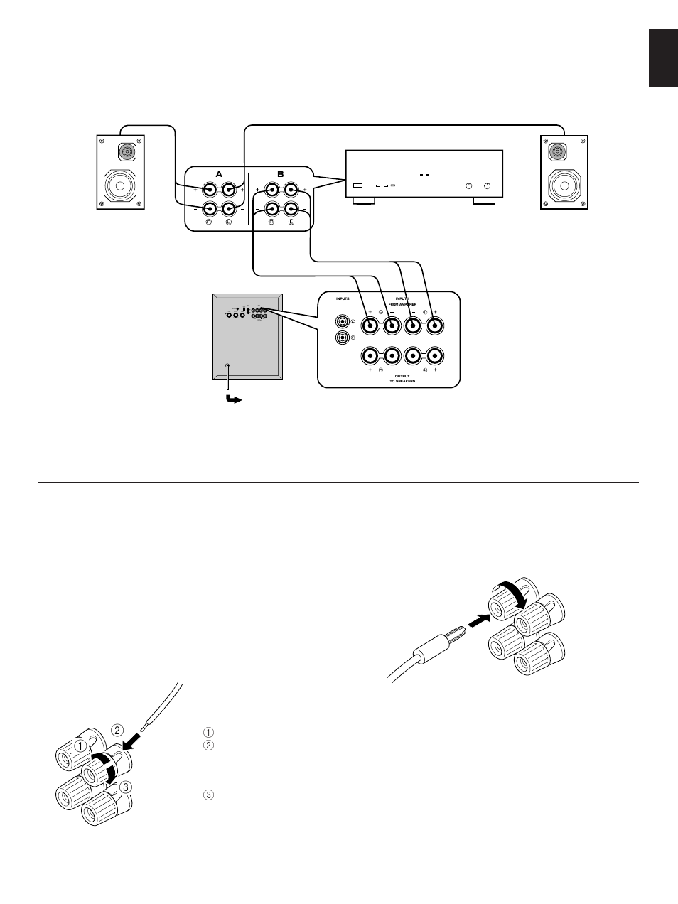 Connecting to this unit’s output/input terminals, English | Yamaha SW-3 User Manual | Page 7 / 14