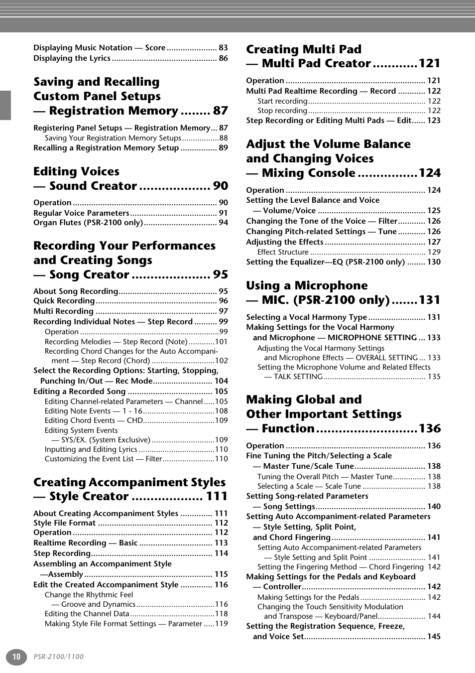 Editing voices — sound creator, Creating accompaniment styles — style creator, Creating multi pad — multi pad creator | Using a microphone — mic. (psr-2100 only) | Yamaha 1100 User Manual | Page 10 / 176