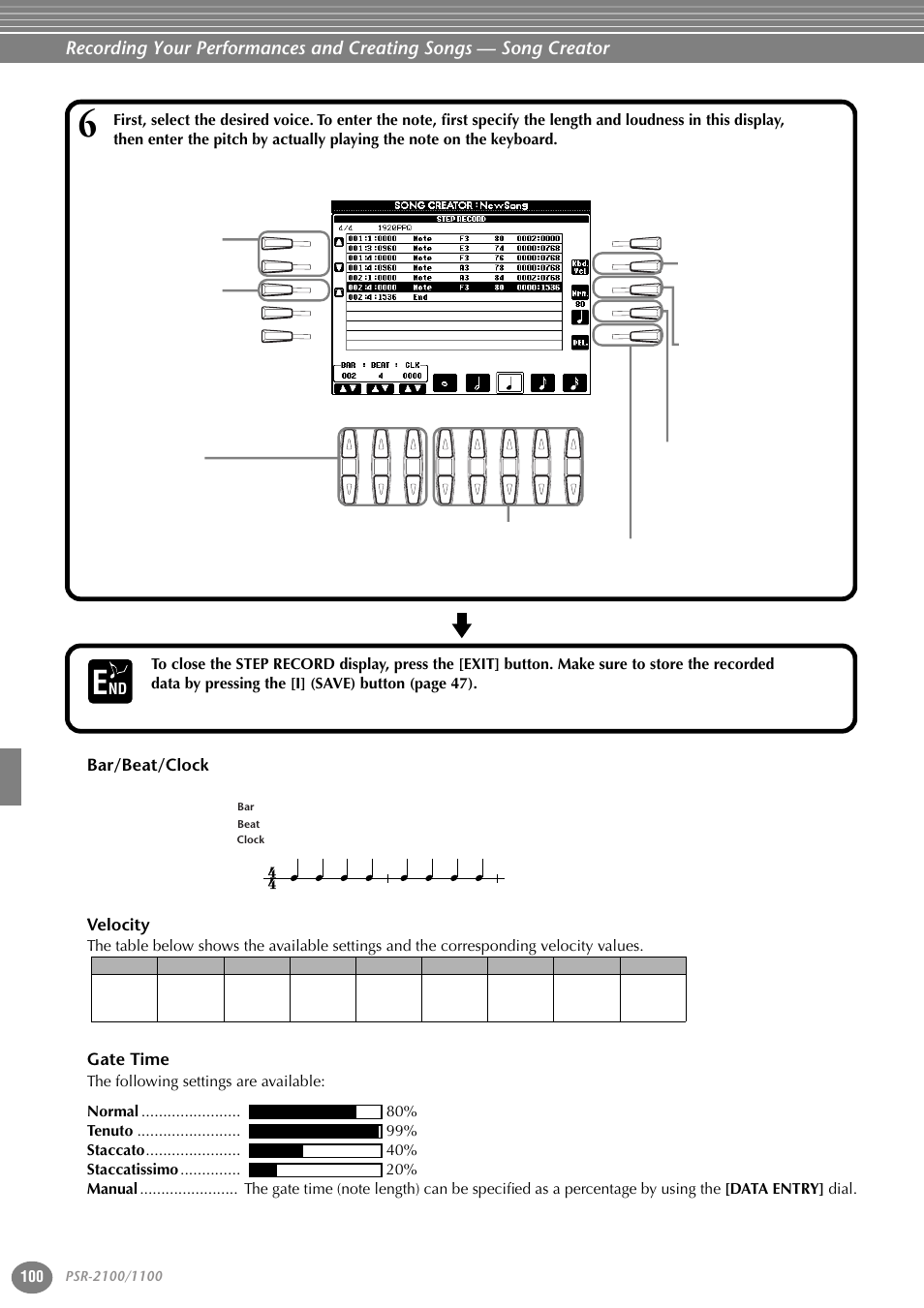 Bar/beat/clock, Velocity, Gate time | Bar/beat/clock ■ velocity | Yamaha 1100 User Manual | Page 100 / 176