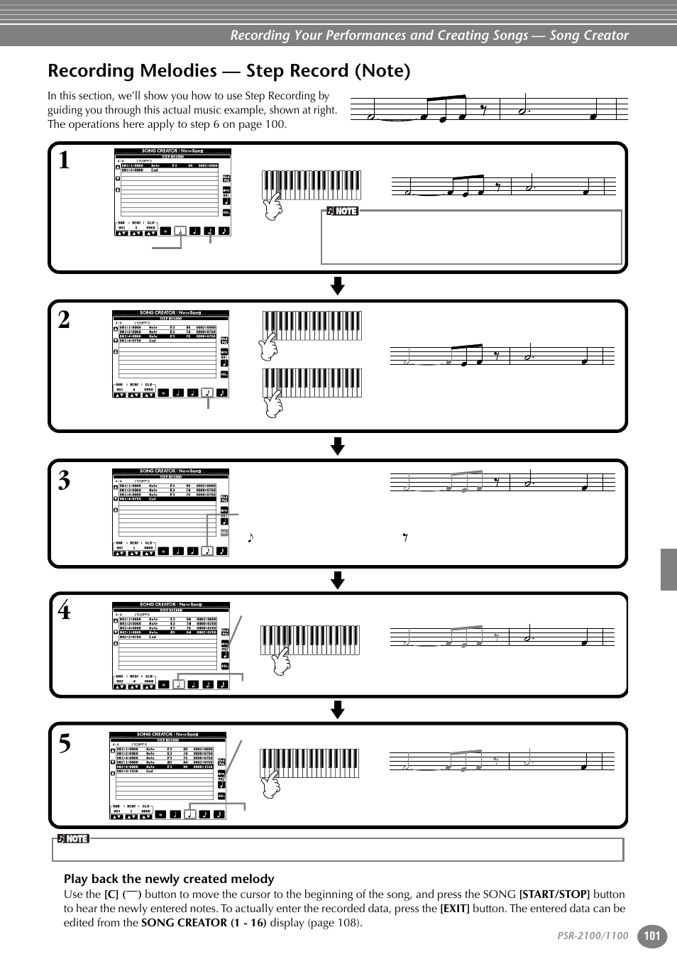 Recording melodies — step record (note), Play back the newly created melody | Yamaha 1100 User Manual | Page 101 / 176