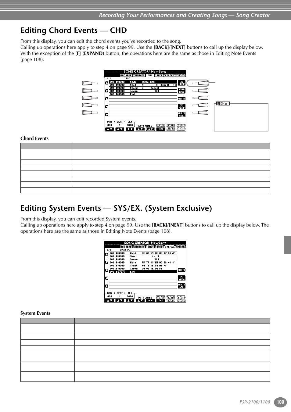 Editing chord events — chd, Editing system events — sys/ex. (system exclusive), Editing chord events — chd editing system events | Sys/ex. (system exclusive) | Yamaha 1100 User Manual | Page 109 / 176