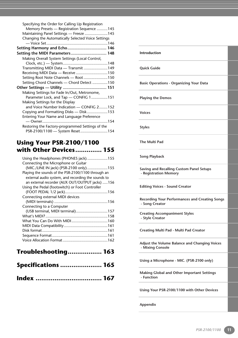 Troubleshooting specifications index | Yamaha 1100 User Manual | Page 11 / 176