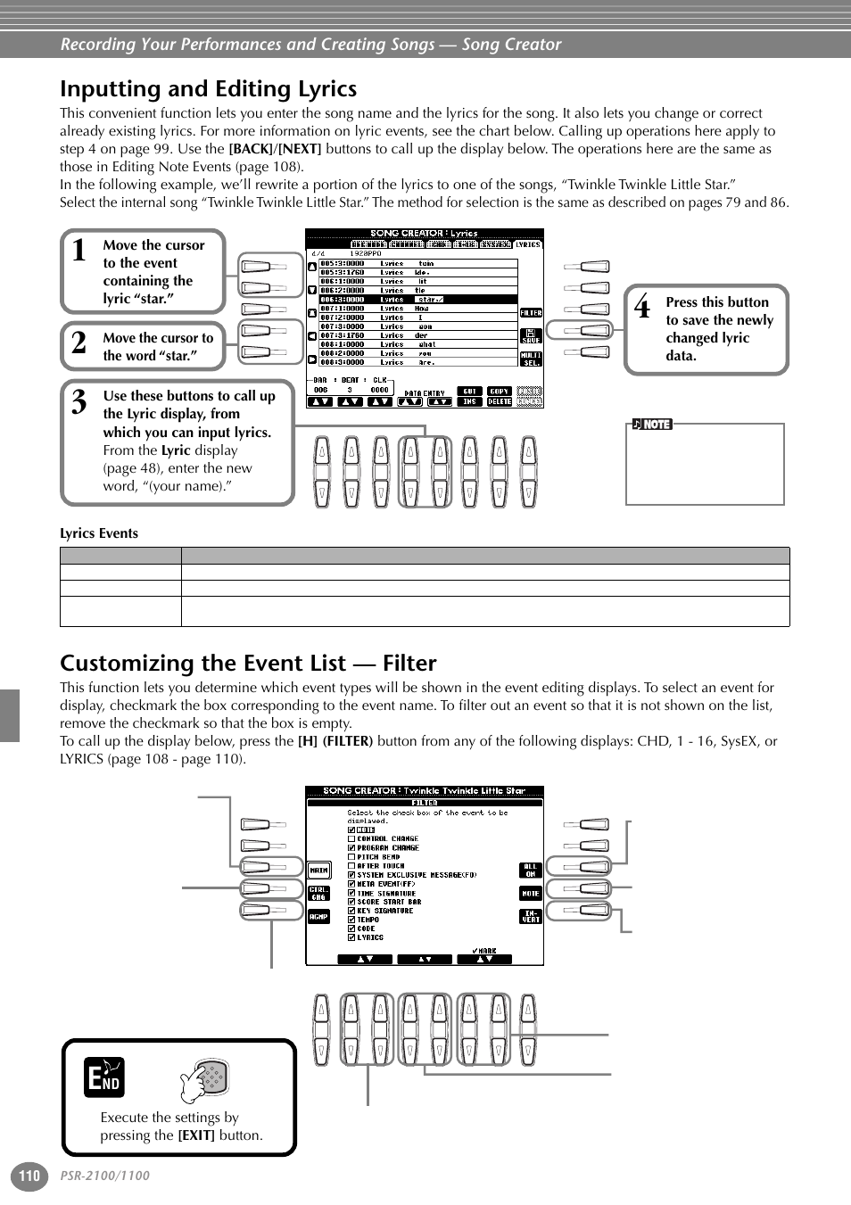 Inputting and editing lyrics, Customizing the event list — filter, Move the cursor to the word “star | Yamaha 1100 User Manual | Page 110 / 176