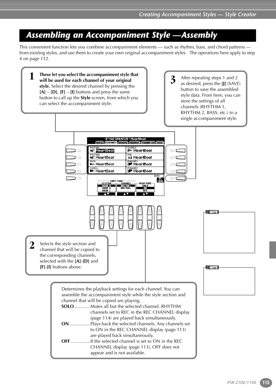 Assembling an accompaniment style —assembly, Assembling an accompaniment style, Assembly | Creating accompaniment styles — style creator | Yamaha 1100 User Manual | Page 115 / 176