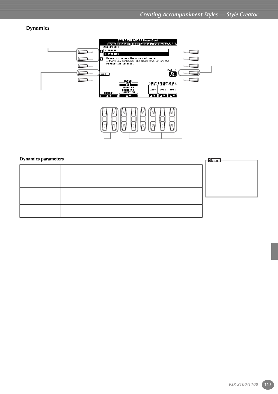 Dynamics, Creating accompaniment styles — style creator, Dynamics parameters | Yamaha 1100 User Manual | Page 117 / 176