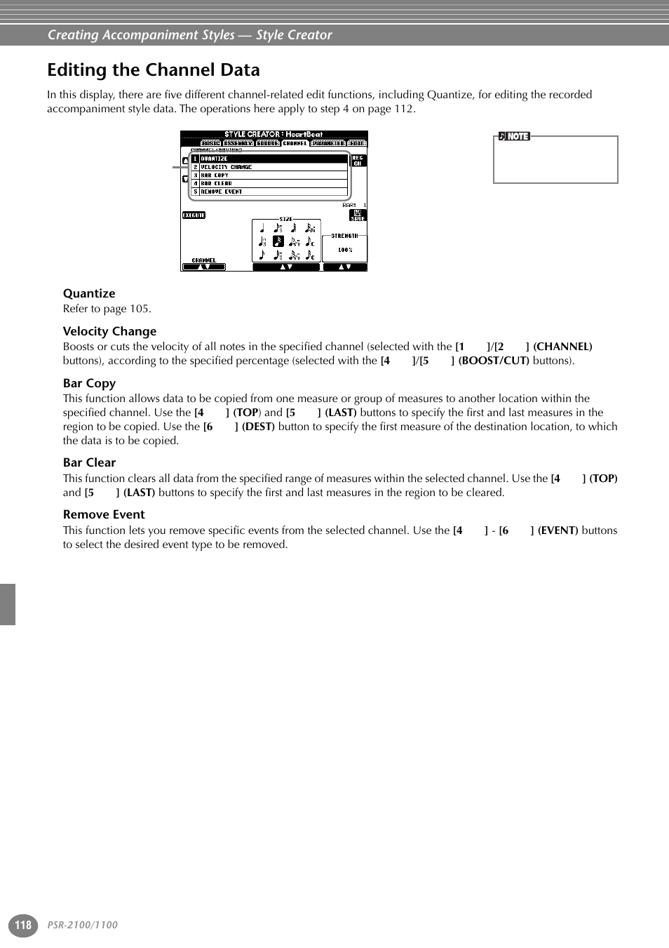 Editing the channel data, Quantize, Velocity change | Bar copy, Bar clear, Remove event | Yamaha 1100 User Manual | Page 118 / 176