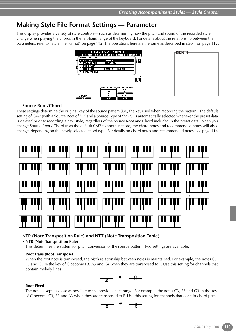 Making style file format settings — parameter, Source root/chord, Creating accompaniment styles — style creator | Yamaha 1100 User Manual | Page 119 / 176