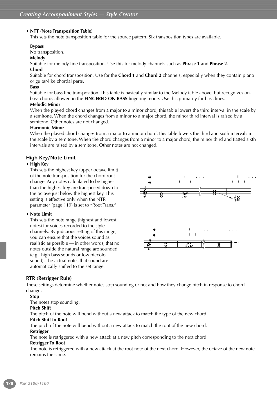 High key/note limit, Rtr (retrigger rule), Creating accompaniment styles — style creator | Yamaha 1100 User Manual | Page 120 / 176