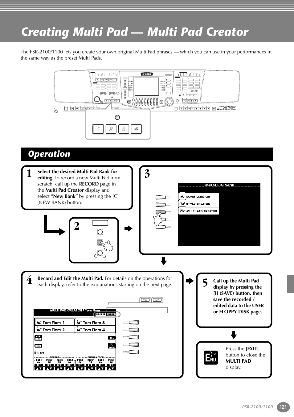 Creating multi pad — multi pad creator, Operation, Part | Variation, Reset, Reset min max, Reset new song sync. start, Style) (r) (l), Multi pad | Yamaha 1100 User Manual | Page 121 / 176