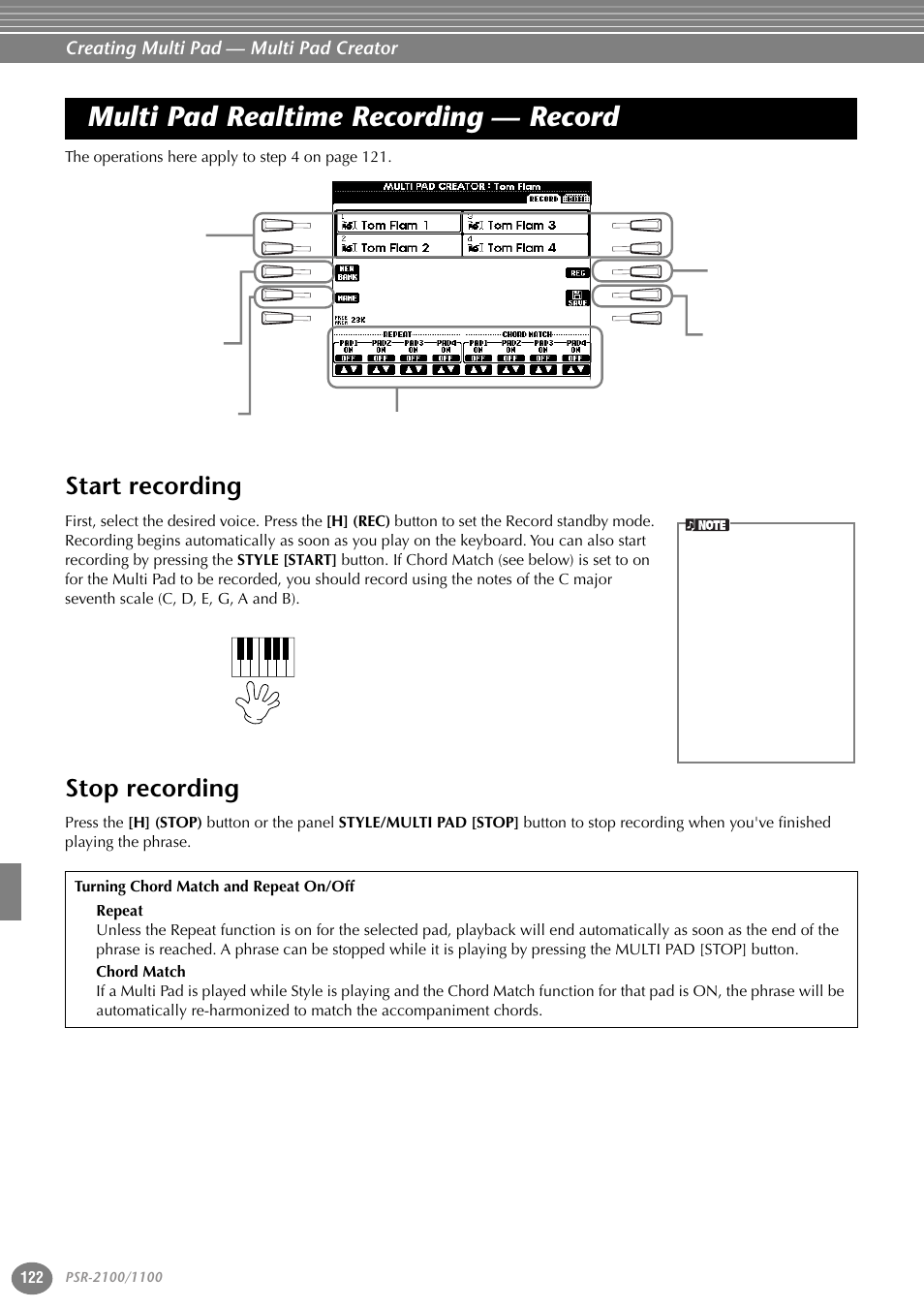 Multi pad realtime recording — record, Start recording, Stop recording | Start recording stop recording, Creating multi pad — multi pad creator | Yamaha 1100 User Manual | Page 122 / 176