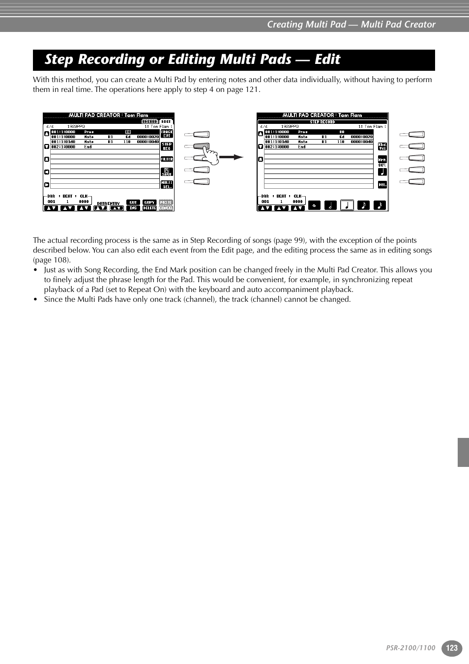 Step recording or editing multi pads — edit, Creating multi pad — multi pad creator | Yamaha 1100 User Manual | Page 123 / 176