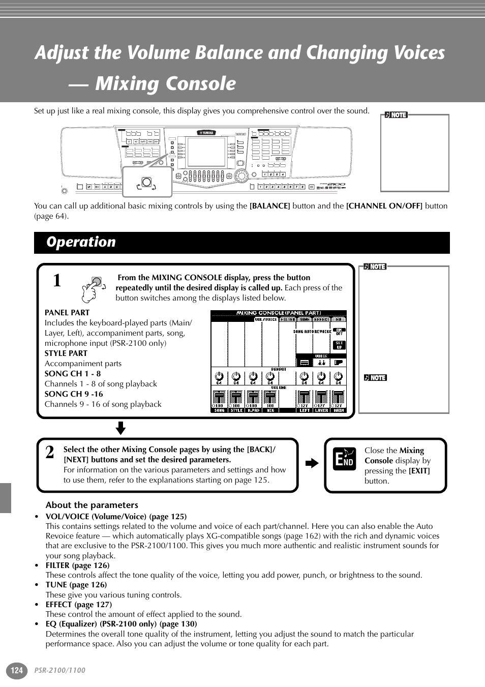 Operation, About the parameters, P. 124 | Part, Variation, Reset, Reset min max, Reset new song sync. start, Style) (r) (l) | Yamaha 1100 User Manual | Page 124 / 176
