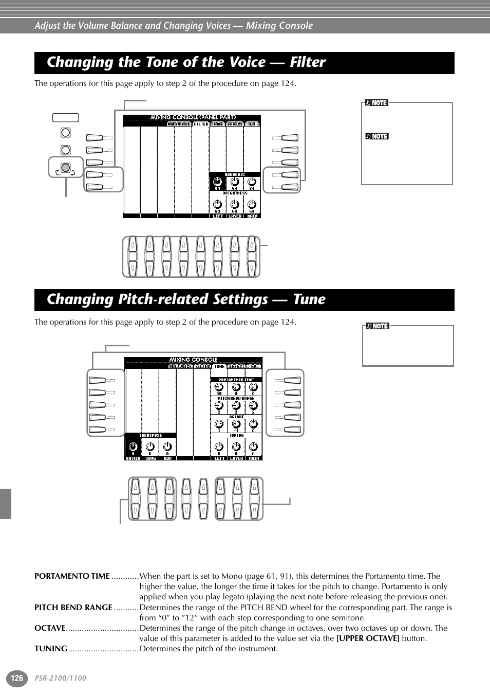 Changing the tone of the voice — filter, Changing pitch-related settings — tune | Yamaha 1100 User Manual | Page 126 / 176