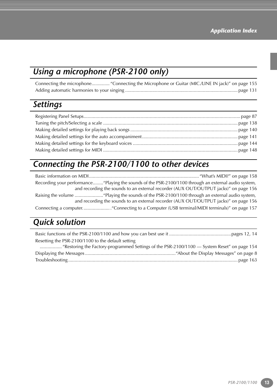Using a microphone (psr-2100 only), Settings, Quick solution | Yamaha 1100 User Manual | Page 13 / 176