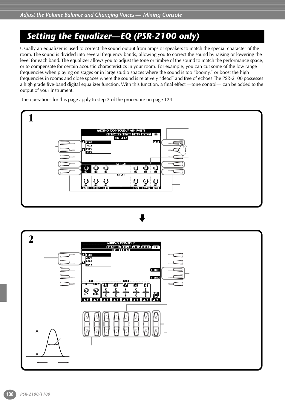 Setting the equalizer—eq (psr-2100 only) | Yamaha 1100 User Manual | Page 130 / 176