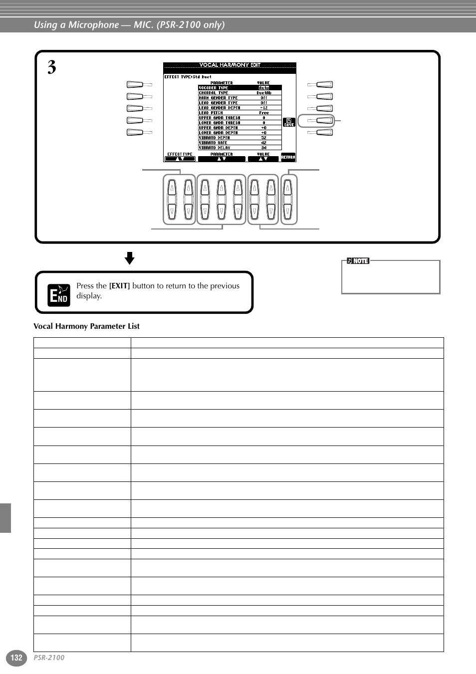 Using a microphone — mic. (psr-2100 only), 132 vocal harmony parameter list | Yamaha 1100 User Manual | Page 132 / 176