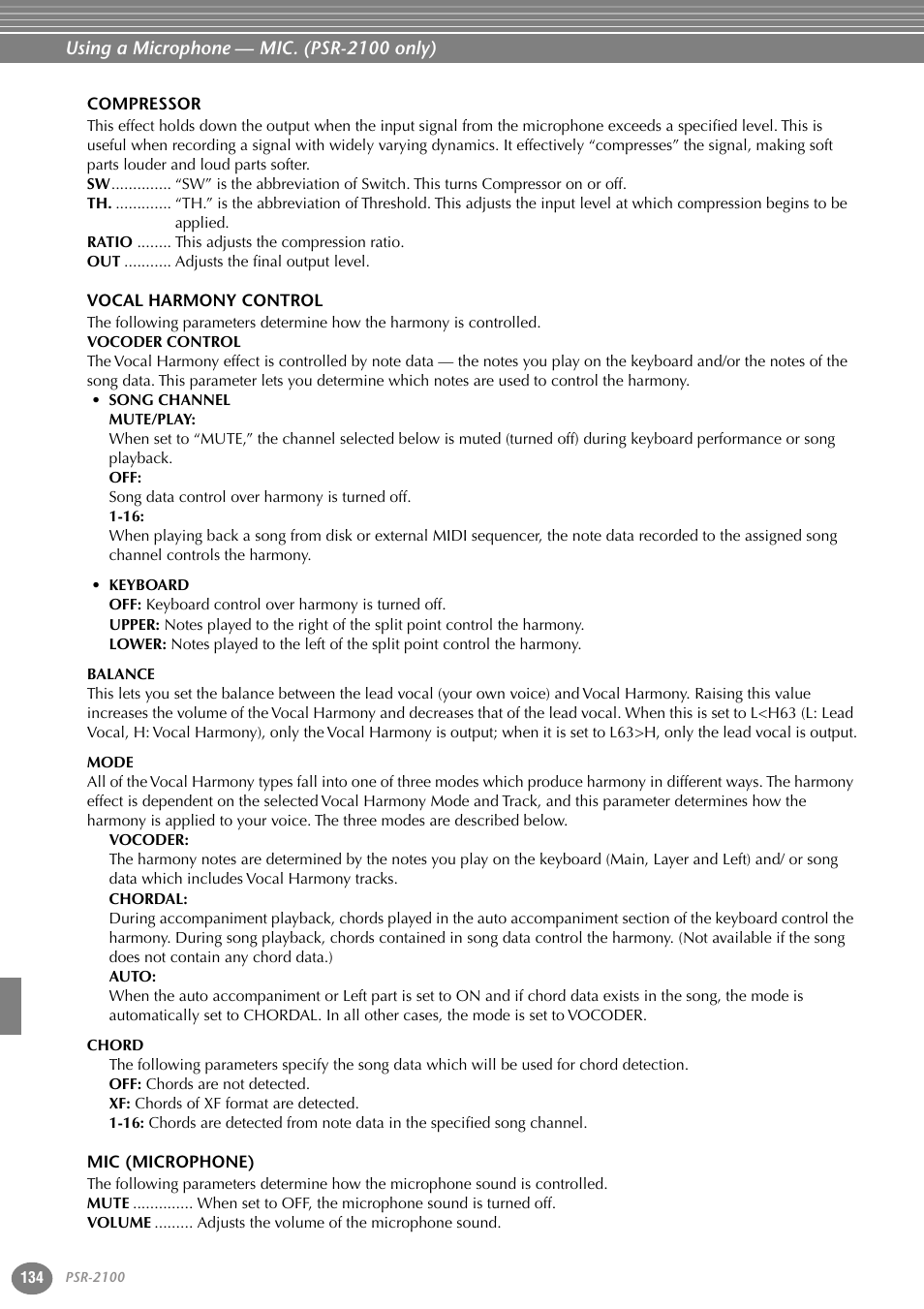 Compressor, Vocal harmony control, Mic (microphone) | Yamaha 1100 User Manual | Page 134 / 176