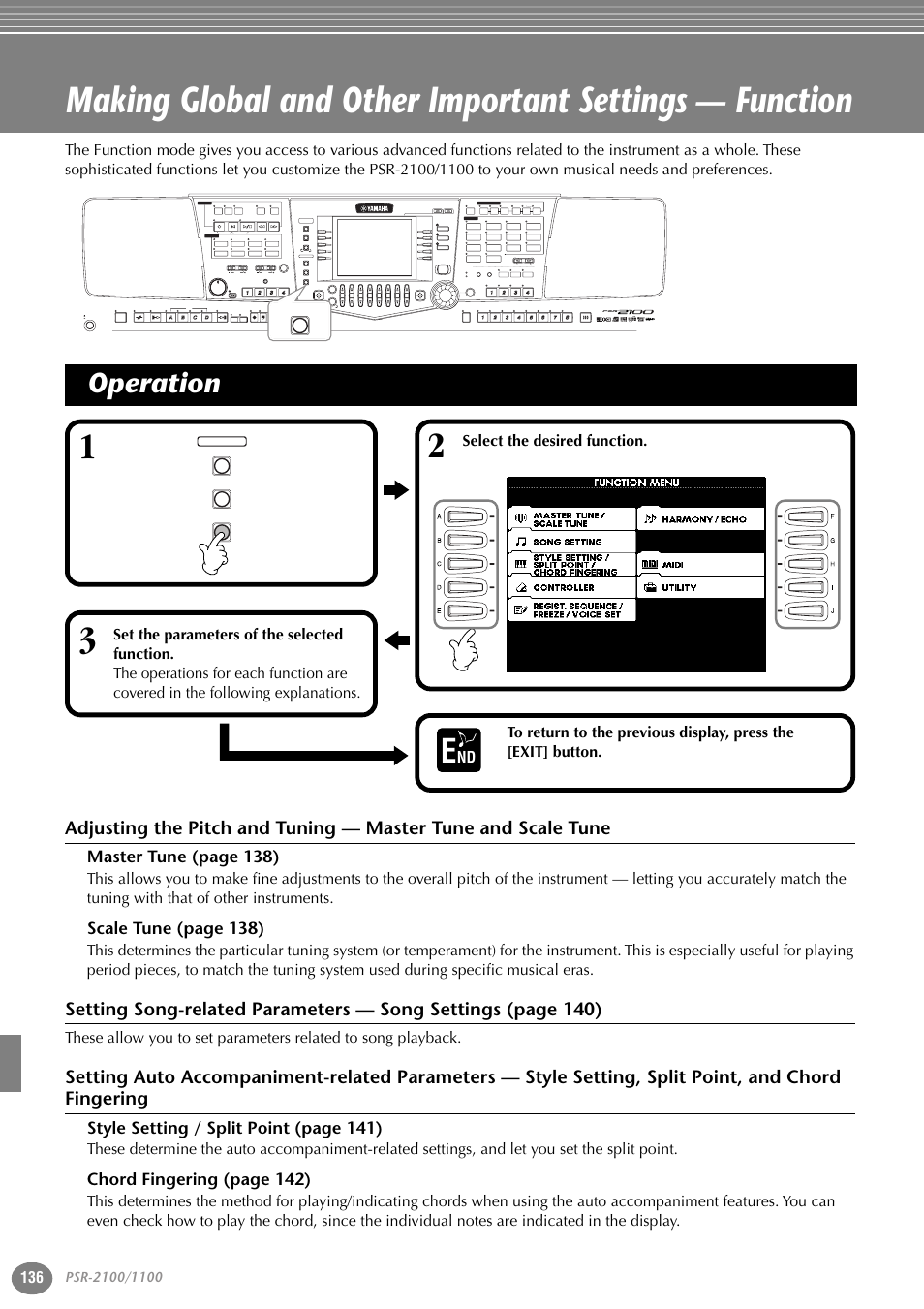 Operation, P. 136, Master t une (page 138) | Scale t une (page 138), Style setting / split point (page 141), Chord fingering (page 142), Select the desired function, Part, Variation, Reset | Yamaha 1100 User Manual | Page 136 / 176