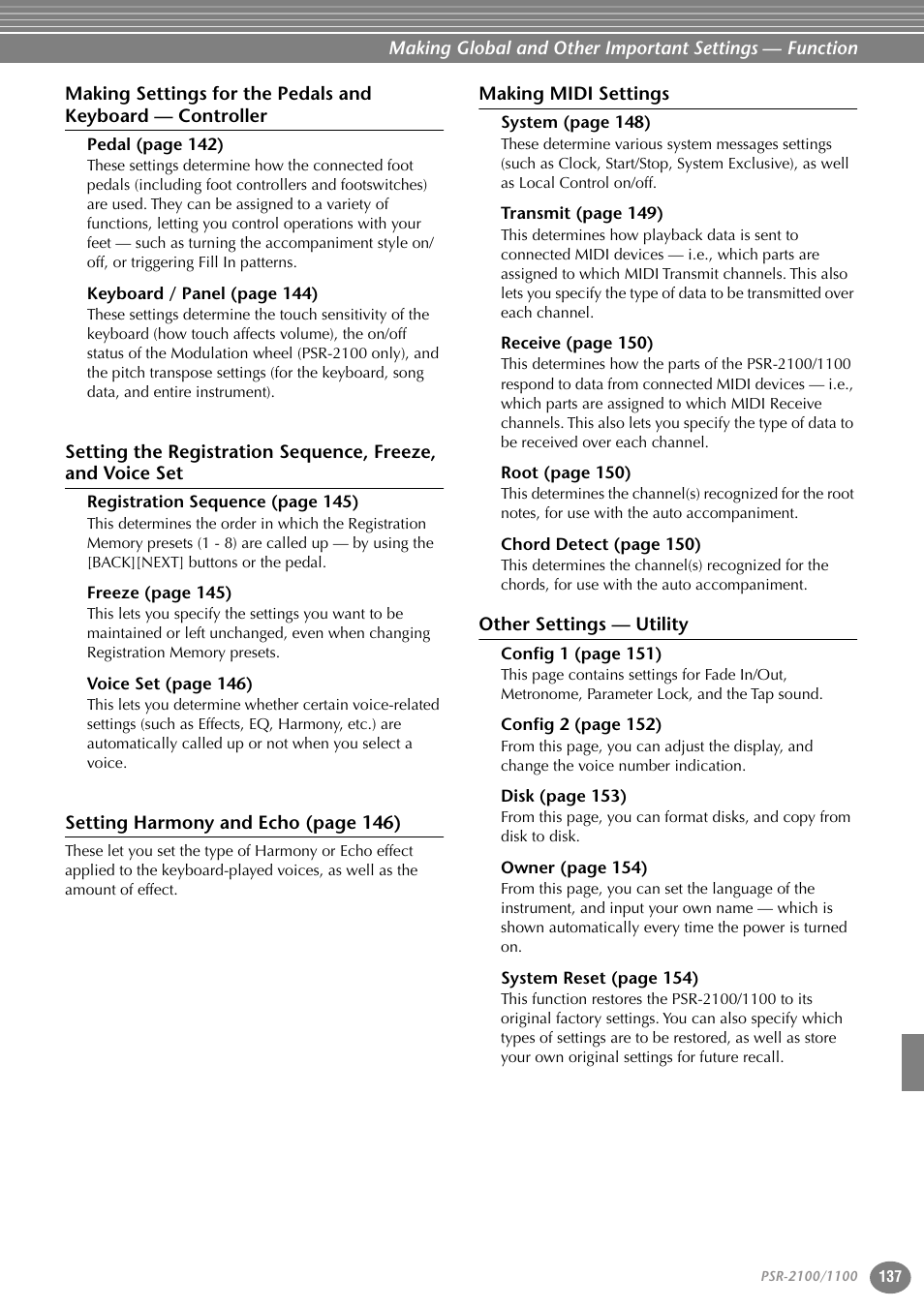 Making midi settings, Other settings — utility | Yamaha 1100 User Manual | Page 137 / 176