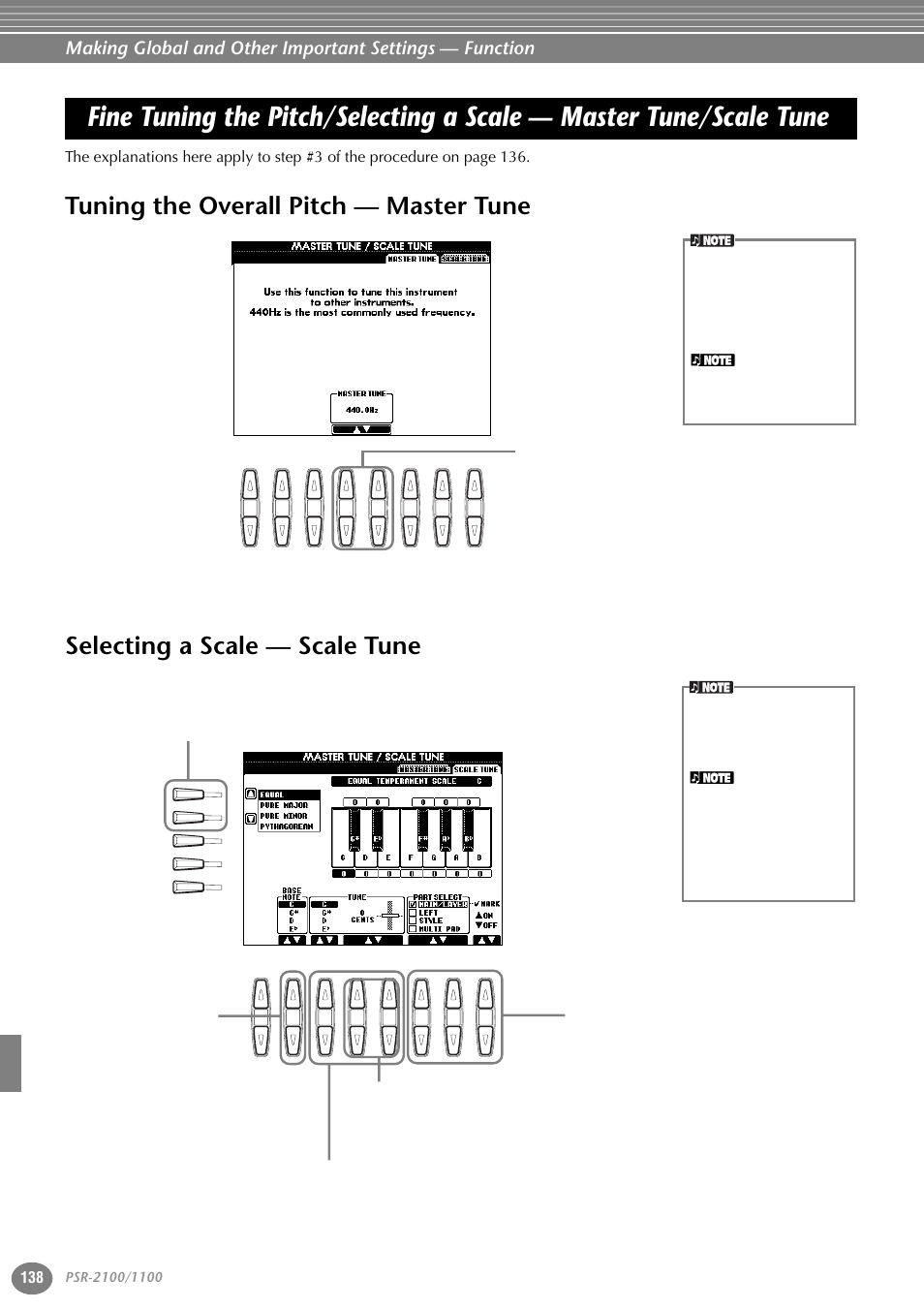 Tuning the overall pitch — master tune, Selecting a scale — scale tune, Fine tuning the pitch/selecting a scale | Master tune/scale tune | Yamaha 1100 User Manual | Page 138 / 176