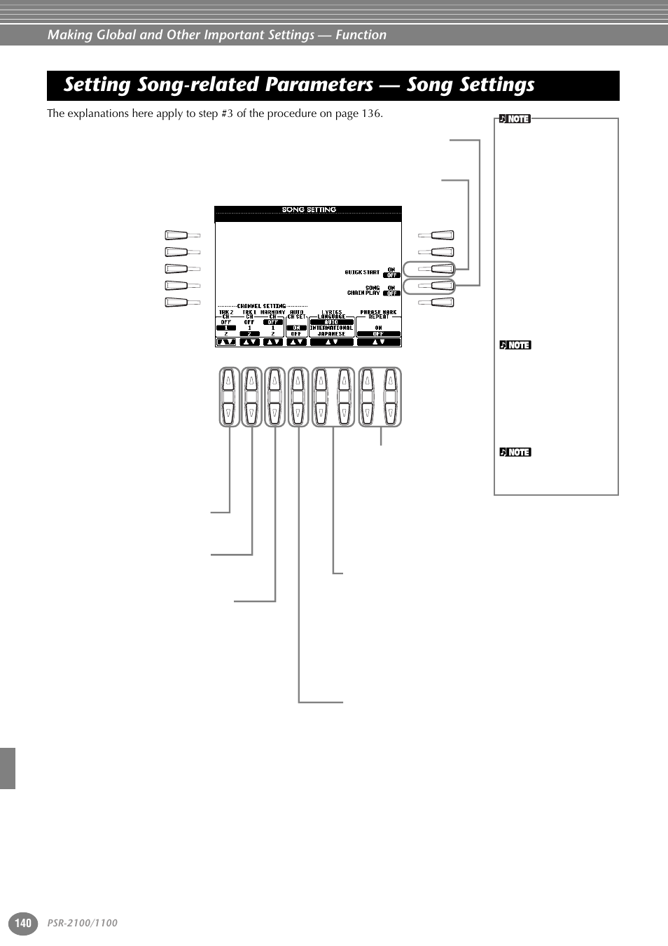 Setting song-related parameters — song settings, Setting song-related parameters, Song settings | Yamaha 1100 User Manual | Page 140 / 176