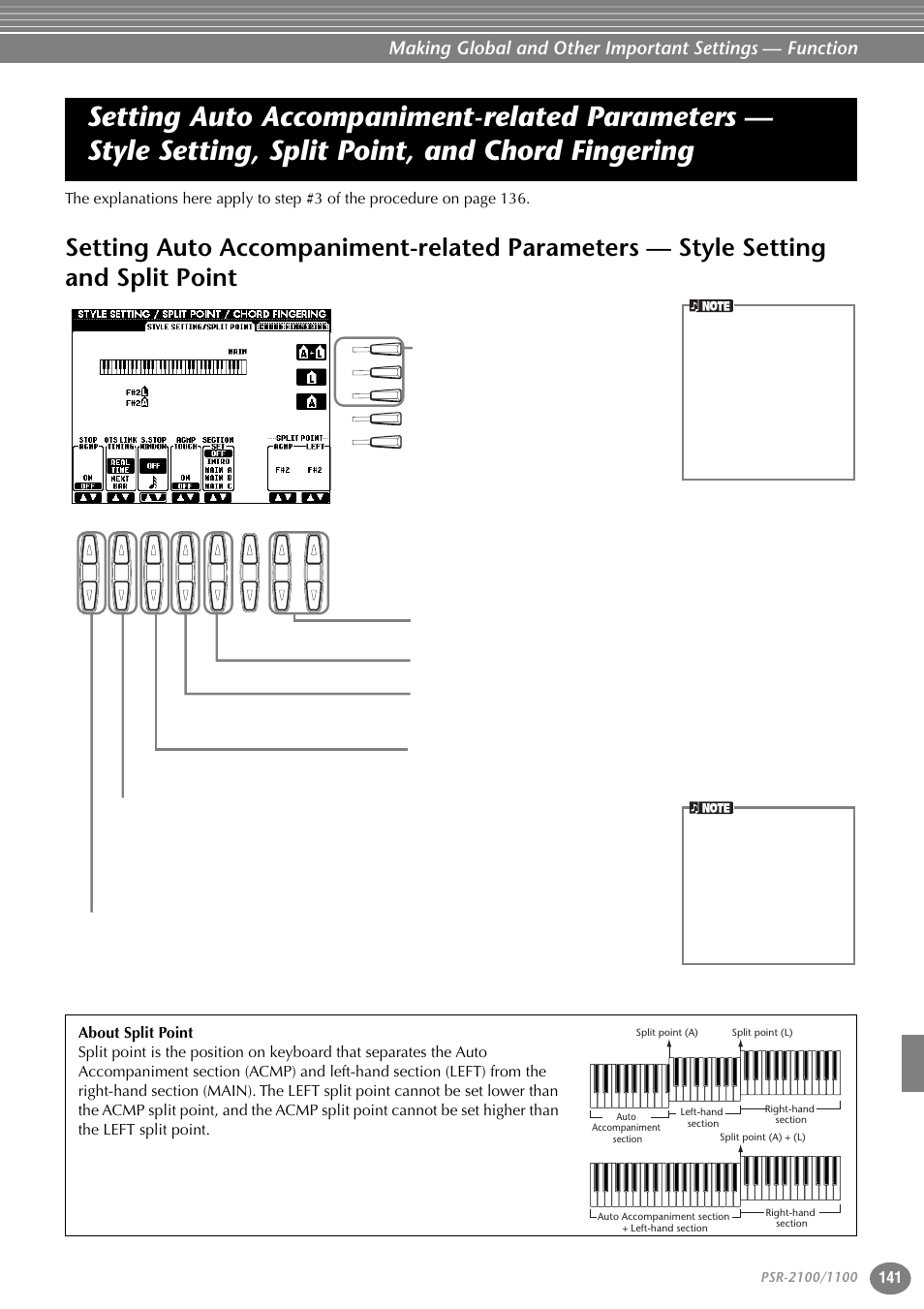 Setting auto accompaniment-related parameters, Style setting, split point, and chord fingering, Style setting and split point | Yamaha 1100 User Manual | Page 141 / 176