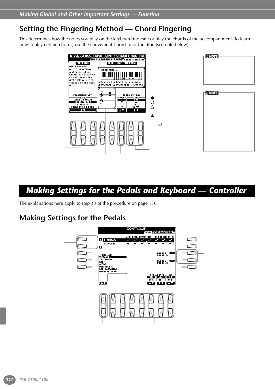 Setting the fingering method — chord fingering, Making settings for the pedals, Setting the fingering method — chord fingering 142 | Making settings for the pedals and keyboard, Controller | Yamaha 1100 User Manual | Page 142 / 176