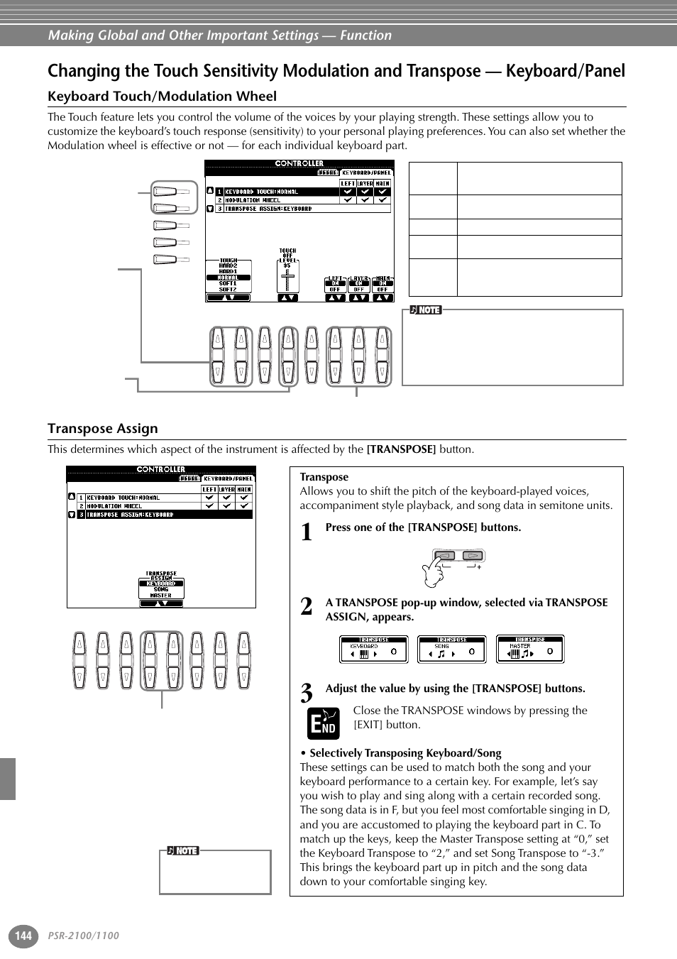 Keyboard touch/modulation wheel, Transpose assign, Changing the touch sensitivity modulation | And transpose — keyboard/panel, P. 144 | Yamaha 1100 User Manual | Page 144 / 176