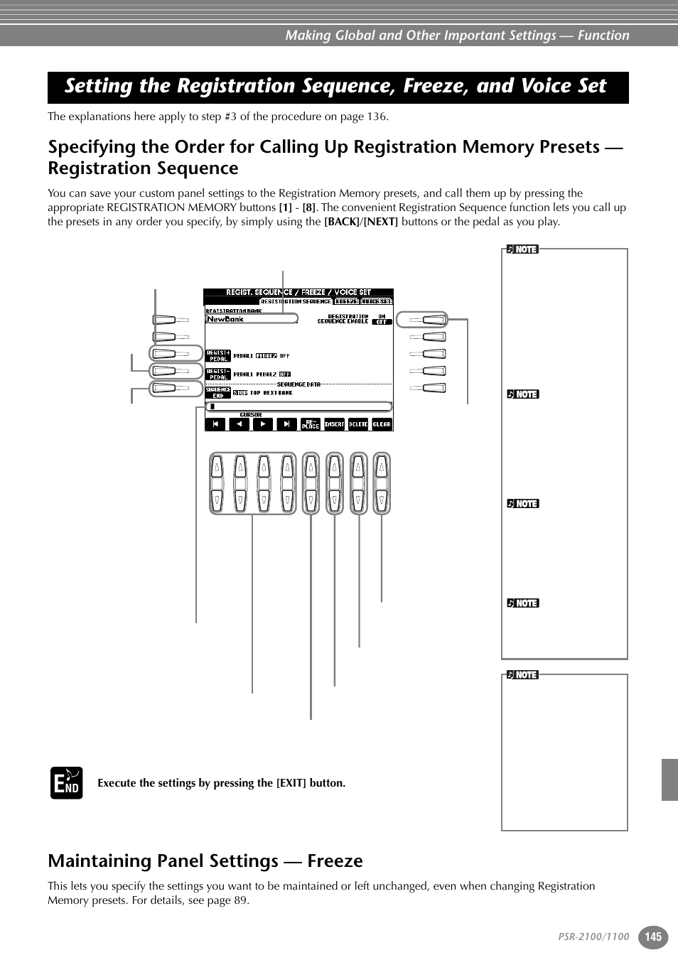 Maintaining panel settings — freeze, Setting the registration sequence, freeze, Specifying the order for calling up registration | Memory presets — registration sequence, Execute the settings by pressing the [exit] button | Yamaha 1100 User Manual | Page 145 / 176
