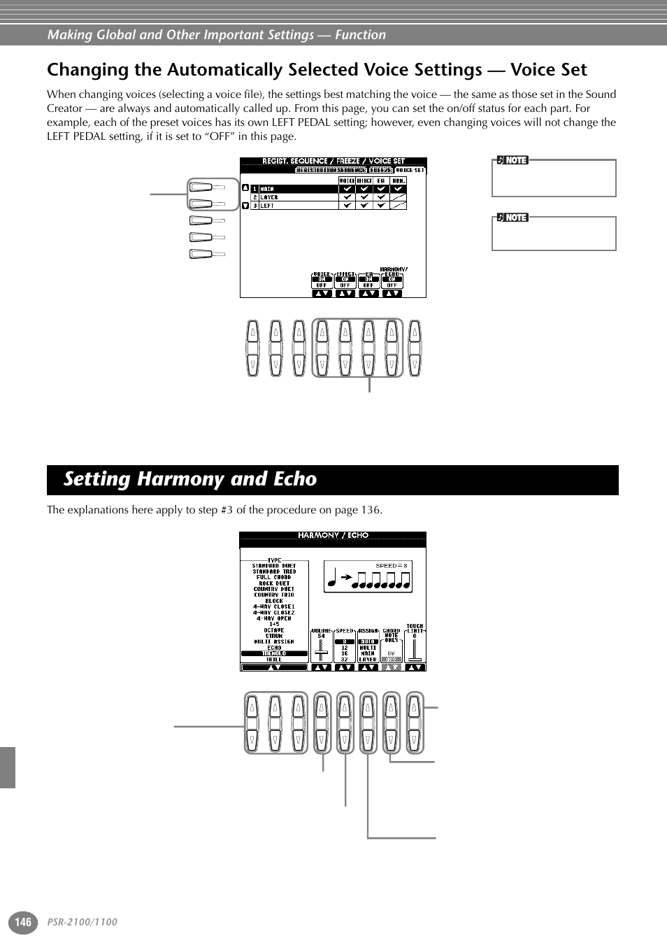 Setting harmony and echo, Changing the automatically selected voice settings, Voice set | Yamaha 1100 User Manual | Page 146 / 176