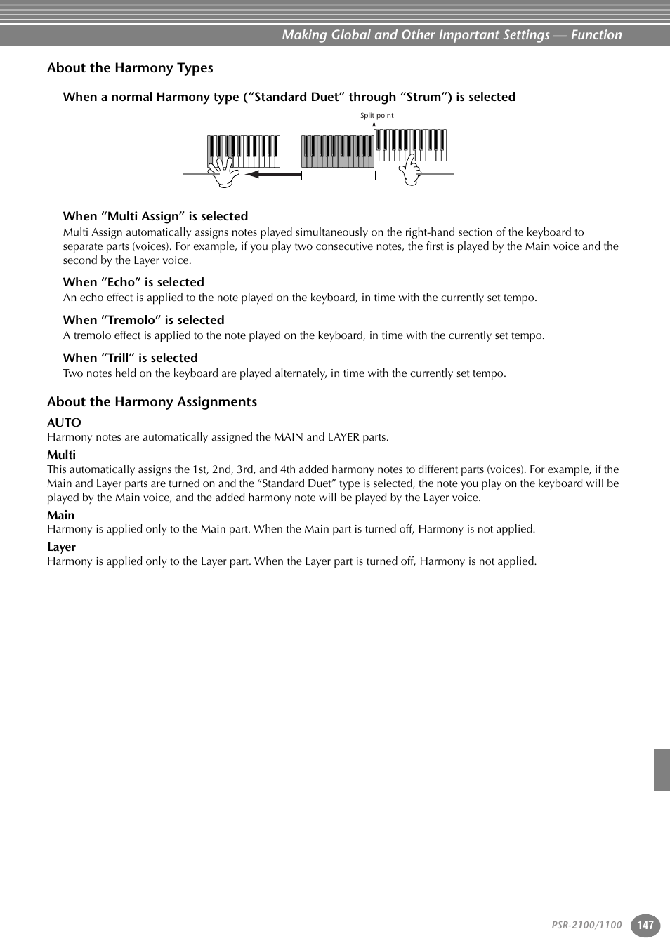 About the harmony types, When “multi assign” is selected, When “echo” is selected | When “tremolo” is selected, When “trill” is selected, About the harmony assignments | Yamaha 1100 User Manual | Page 147 / 176