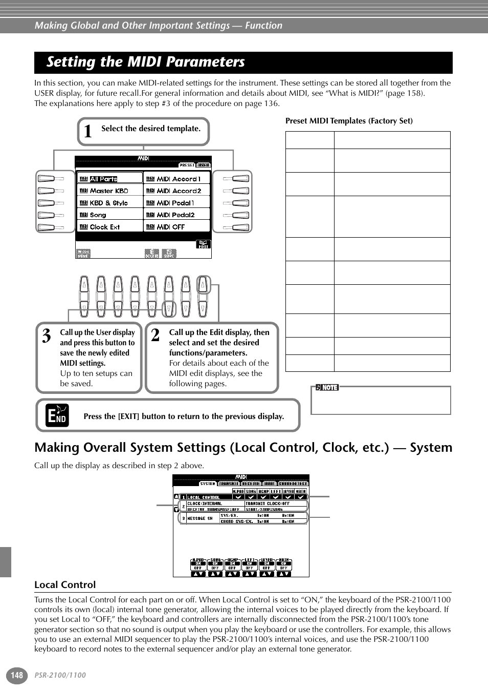 Setting the midi parameters, Local control, Making overall system settings (local control | Clock, etc.) — system | Yamaha 1100 User Manual | Page 148 / 176