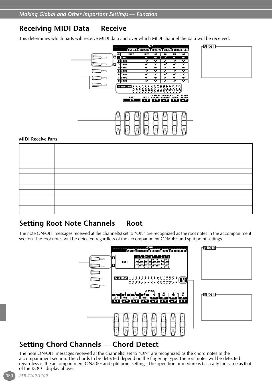 Receiving midi data — receive, Setting root note channels — root, Setting chord channels — chord detect | Yamaha 1100 User Manual | Page 150 / 176