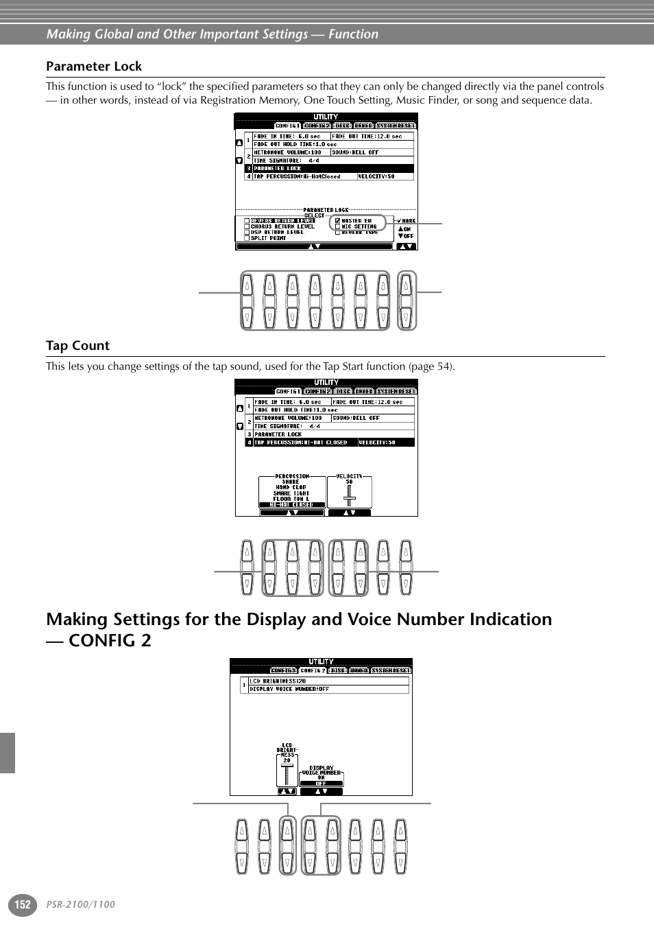 Parameter lock, Tap count, Making settings for the display | And voice number indication — config 2 | Yamaha 1100 User Manual | Page 152 / 176