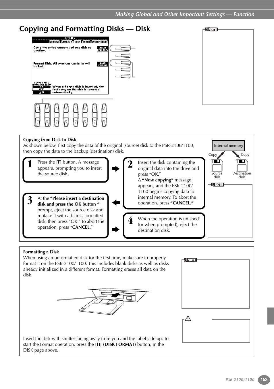 Copying and formatting disks — disk | Yamaha 1100 User Manual | Page 153 / 176