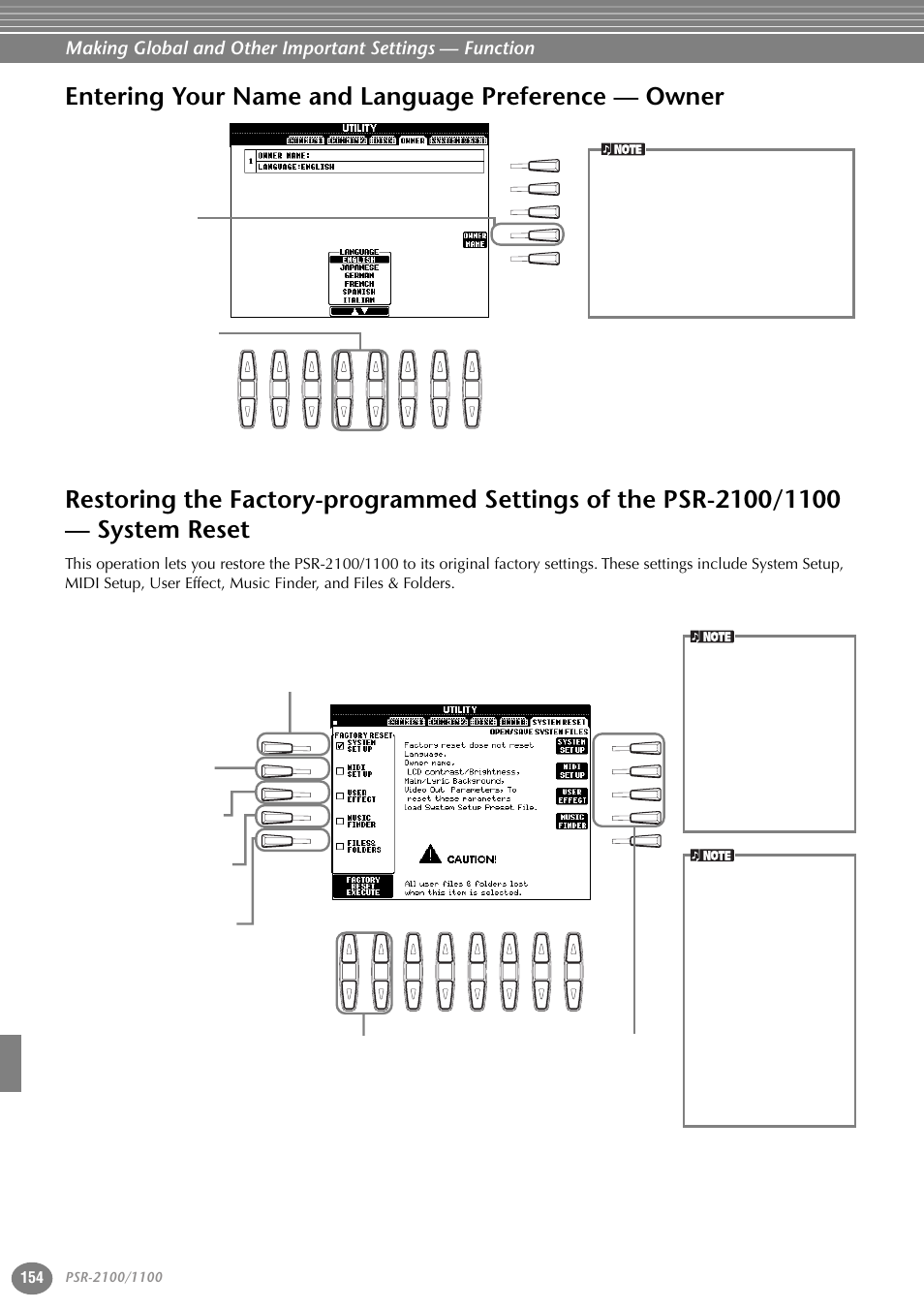 Entering your name and language preference — owner, Entering your name and language preference, Owner | Restoring the factory-programmed settings of the, Psr-2100/1100 — system reset | Yamaha 1100 User Manual | Page 154 / 176