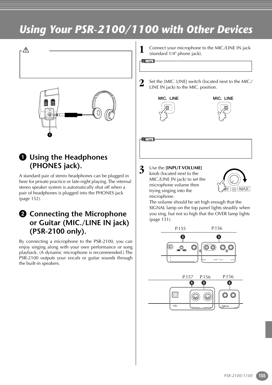 Using your psr-2100/1100 with other devices, 1 using the headphones (phones jack), Mic./line in jack) (psr-2100 only) | P. 155 | Yamaha 1100 User Manual | Page 155 / 176